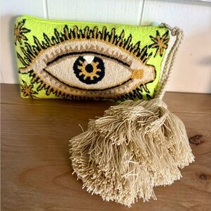 Wayuu Tribe Lime Green Eye-Embroidered Crossbody Bag with Beige Tassel